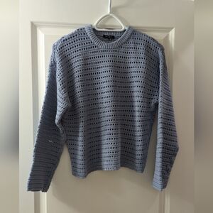 Blue cotton crew neck crochet sweater